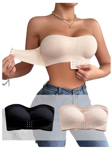 GORGLITTER Women's Strapless Bandeau Bras Wireless Push Up Front Fastening Bra Seamless Bralettes 2 Packs Black Multicolor Large