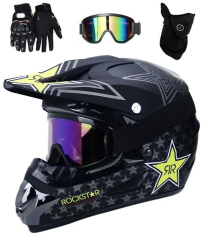 Unisex Integral Motocross Helm, mit Brille Handschuhe Maske, Jugend Kind Offstraße Motorrad BMX MTB ATV Helme, Bergab Quad Dirtbike Enduro Helm, Geschenk für Junge und Mädchen(Purple,L/56-57CM)