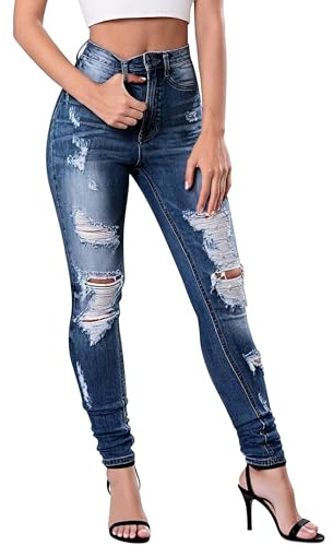 Fengbay skinny jeans dam stretch hög midja slitna streetwear damjeans rumplyft mode byxor jeans