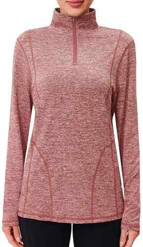 Terecey Funktionsshirt Damen Langarm Sportshirt mit 1/4 Zip Stretch Langarmshirt Laufshirt Stehkragen Sportoberteil Wandershirt Longsleeve Skipullover Fitness Top, Marmelade Rot M