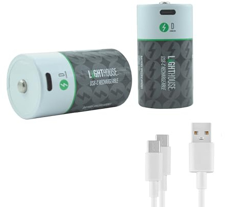 Lighthouse - Batterie ricaricabili tipo D USB-C, confezione da 2, 4800 mAh, agli ioni di litio, 1,5 V, con ricarica rapida da 2,5 ore, fino a 1200 cicli di ricarica e cavo di ricarica doppio da USB-A