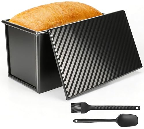 COEWUR Loaf Tin with Lid 1lb(450g), Non Stick Bread Tins for Baking, Carbon Steel Pullman Loaf Tin with Slide Cover and Silicone Brush Spatula Set, Food-Grade Coated, 21x11.5x12cm