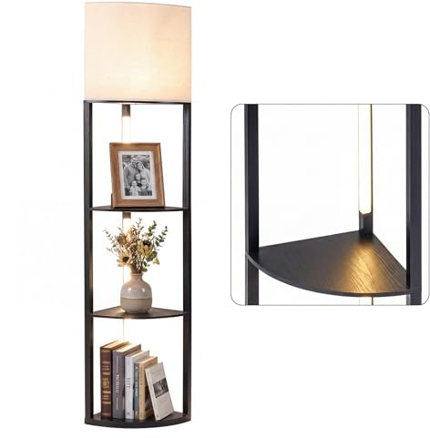 COSTWAY Lampada da Terra Angolare con Mensole, Scaffale a 3 Ripiani con Luci LED Dimmerabili, Paralume in Lino e Interruttore a Pedale, Piantana da Terra per Camera da Letto, Salotto e Studio