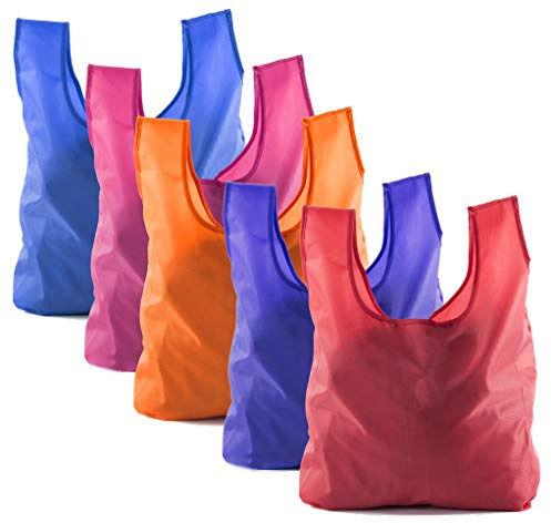 Mato & Hash Reusable Grocery Bags | Foldable w/Integrated String Pouch | Ripstop Nylon Tote - 5PK Bright Mix CA2650