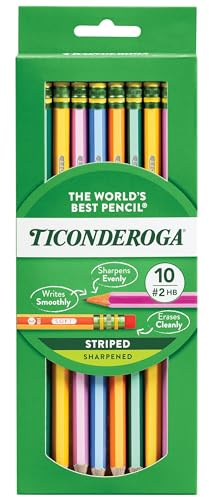 Ticonderoga X13910 Striped Wood-Cased Pencils, 2 HB Soft, Pre-Sharpened, 10 Count, Assorted Colors