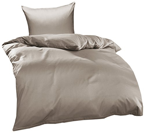 Bettwaesche-mit-Stil Mako Interlock Jersey Bettwäsche Garnitur Uni/enfarbig 100% Baumwolle 135x200 + 80x80 cm Taupe Braun