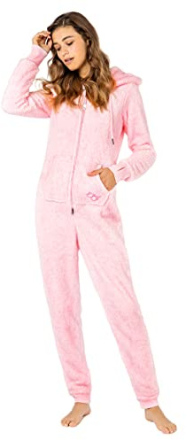 Eight 2 Nine Damen Teddyfleece Jumpsuit mit Kapuze und Öhrchen, Flauschiger Overall mit Daumenlöchern, kuschelig bequemer One-Piece für entspannte Stunden, schwarz, grau, rosa XS-XL Rose S/M
