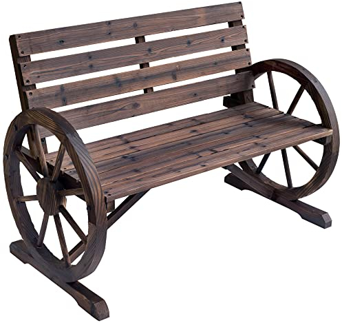 Outsunny 2 Seater Garden Bench Outdoor Garden Armrest Chair with Wooden Cart Wagon Wheel Rustic High Back Brown