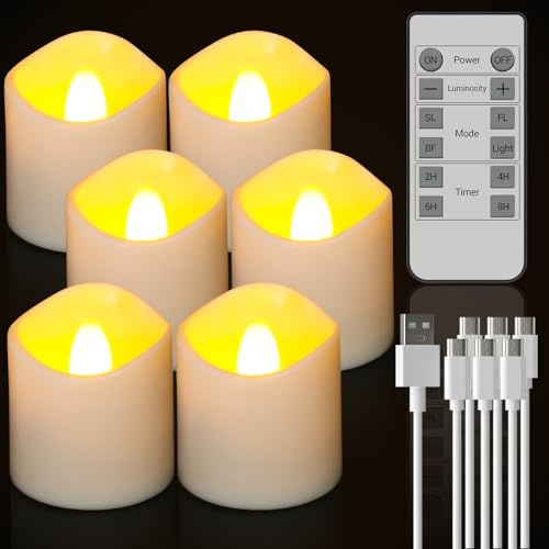 Ymenow Rechargeable LED Tea Lights Candles with Timer Remote Control, 6pcs USB Flameless Tealights Candles Flickering Battery Operated for Home Room Wedding Christmas Halloween Decor