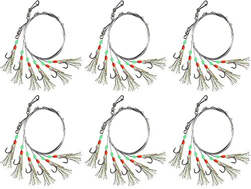 Rodeel Pre-tied Sea Fishing Rigs, 6 Pack / 36 Hooks Fishing Feathers, with Luminous Beads Glowing Tail and Simulated Fish-skin Flasher, Attractor for Mackerel, Herring, Bass, Cod - For Night Use