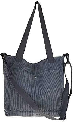 Bolso de mano de pana con correa larga para el hombro reutilizable bolso de compras casual bolso de hombro para damas colegio bolsa de computadora portátil, Gris Davy, Large