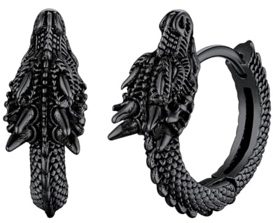 U7 Dragon Earrings Black Metal Plated Hoop Earrings for Men, Punk Rock Animal Huggie Earrings for Men
