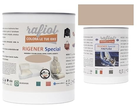rafiol Rigener Special Ecopelle-Leather + Rigener acabado transparente satinado; restaura la piel desgastada restaurando su estado natural. (375 ml + 156 ml, café leche)