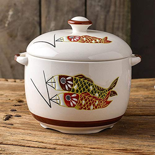 Olla para cocinar, cazuela de cerámica de arcilla, antiadherente, fácil de limpiar, sartén para sopa con patrón de pescado con tapa (Onecolor 1000ML)