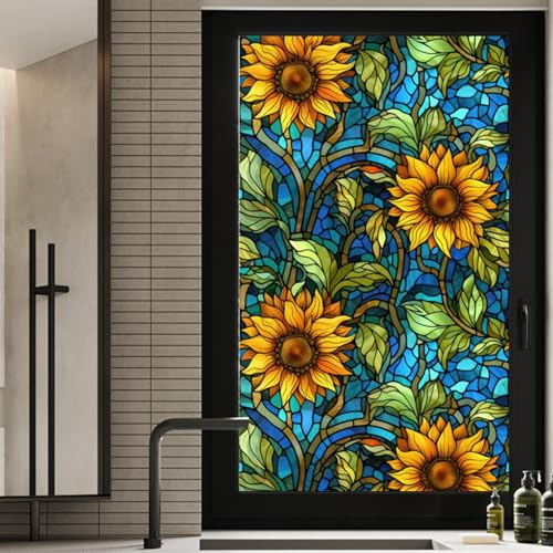 WBQMUNY Sunflower Stained Glass Window Film Nonadhesive Privacy 17.5x78.7