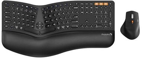 ProtoArc EKM01 Plus - Teclado ergonómico inalámbrico Ergo de tamaño completo, combinación de teclado y mouse Bluetooth, diseño dividido, reposamuñecas, multidispositivo, recargable, para Windows/Mac