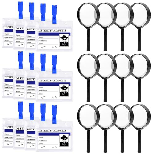 CLIUNT Loupe de Détective Enfants, Kit Détective Enfant avec 12 Cartes D'identité de Détective et 12 Clip Loupe Enfants,Kit Espion Enfant pour Jeu de Rôle de Détective