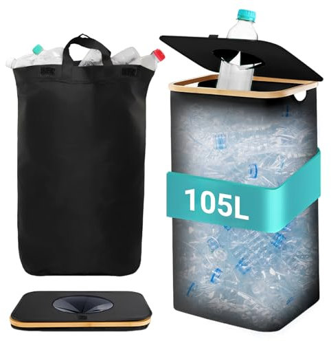 105l Recycling Bins for Kitchen, Large Deposit Bottles Collection Container with Portable Bag Reusable Recycling Bins Recycling Box for Plastic Bottles Glass Bottles Cans(105L 1 Hole 1 Bag