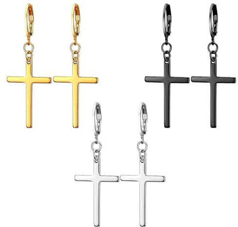 3 Pairs Cross Earrings, Stylish Stainless Steel Cross Dangle Stud Earrings, For Men Women For Graduation Easter Christmas (Black,Gold,Silver)