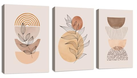 3 Pcs Quadri Moderno Boho Arancio Geometrico Stampa su Tela Con Cornice Quadro Nordico Minimalista Pianta pittura su tela poster da parete Decorazione Murale Soggiorno Camera da letto 50x70cmx3