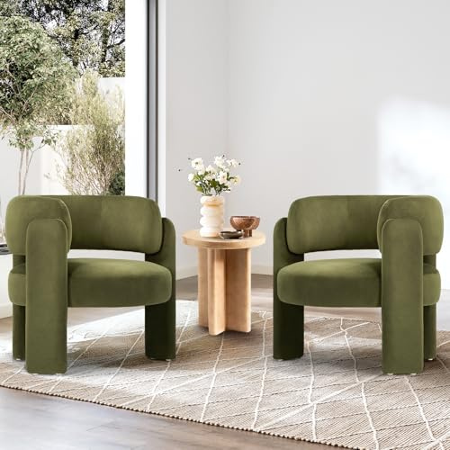 COLAMY Modern Velvet Accent Chair Set of 2, Upholstered Barrel Chairs, Comfy Side Arm Chairs with 3 Legs for Living Room, Bedroom, Reading, Green