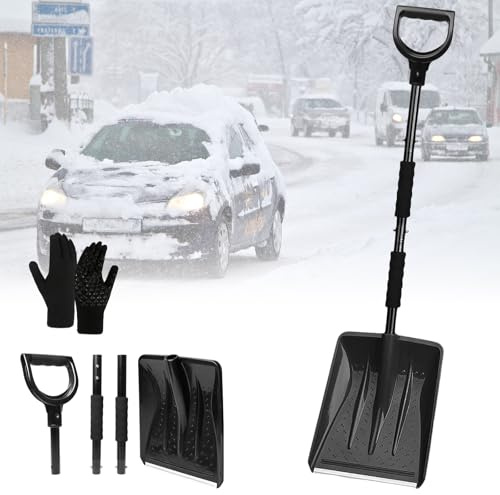 SDLDEER Snow Shovel for Car Driveway, New Upgrade Adjustable Lightweight Portable Large Capacity Shovel with Gloves, Perfect for Car Garden Camping Snowman Playing (Black)