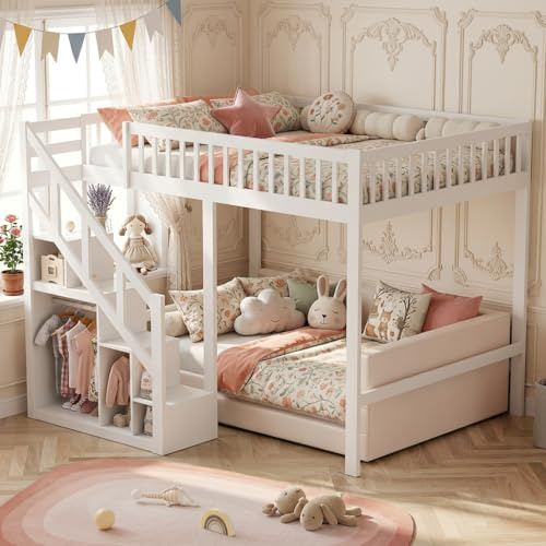 ZSSWSS Letto a Soppalco 90x200 per Bambini con Scala Contenitore e Armadio, Letto a Castello in Legno Massello con Protezione Anticaduta, Letto Rialzato Salvaspazio per Cameretta, Bianco
