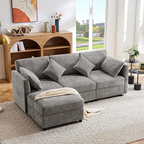 Sofá de esquina en forma de L con reposapiés, sofá cama convertible de 3 plazas, 4 almohadas, reposabrazos ajustables, cómoda tela de chenilla, adecuado para sala de estar, oficina, apartamento (gris)