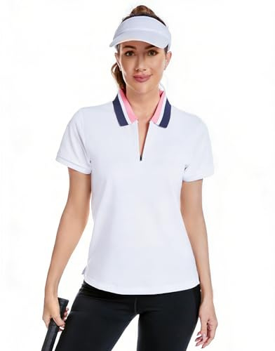 Women's Golf Polo Shirt Short Sleeve Shirts Zip V-Neck Fast Dry Collared Lightweight Soft Breathable Tennis Golf Tops, White, L