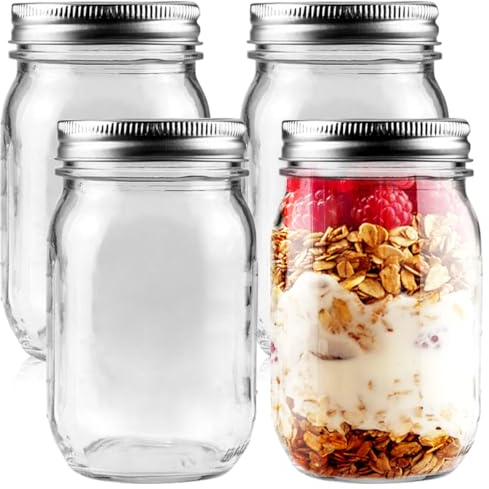 Showvigor 4 Pack Regular Mouth Mason Jars 16oz Glass Canning Jars with Airtight Lids for Preserving, Jam, Honey, Jelly, Wedding Favors, Sauces, Meal Prep, Overnight Oats, Salad