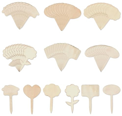 JNYUTEEN 60 Piezas Etiquetas de Madera para Plantas, 6 Estilos Etiquetas en Forma de T y Marcadores para Escribir, Etiquetas de Madera sin Terminar para Jardín Macetas Decoración Accesorios