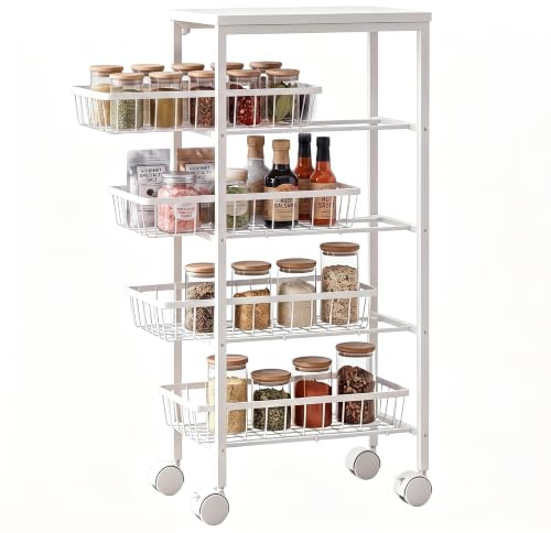 HOMCOM Chariot de Rangement à 4 Niveaux à roulettes 40 x 24 x 82 cm Blanc | Desserte avec Paniers Amovibles, Cadre en Métal, Chariot de Cuisine, Salle de Bain, Salon, Espace Étroit