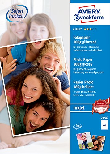 Avery Zweckform Art. 2496 Everyday Inkjet Fotopapier (100 Blatt, 180 g/m², DIN A4, glänzende Fotokarten, einseitig beschichtet, sofort trocken & wischfest, Fotoblätter für Inkjet-Drucker) weiß