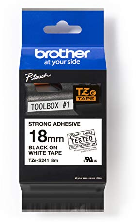 Brother TZe-S241 Labelling Tape Cassette, Black on White, 18mm (W) x 8M (L), Strong Adhesive, Brother Genuine Supplies