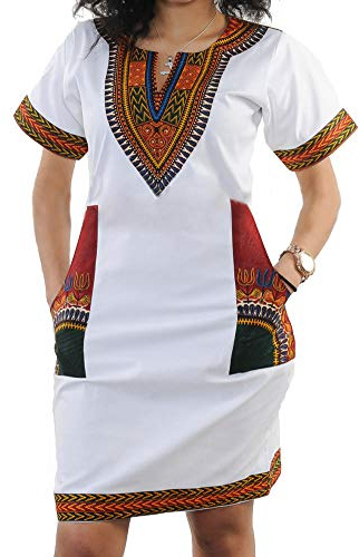 Robe midi africaine bohème dashiki, traditionnelle, tribale, vintage, ethnique, pour femme, Blanchie, Taille 3XL