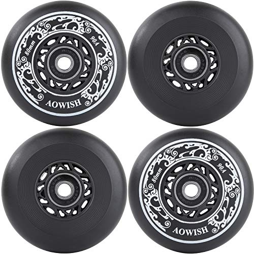 AOWISH Inline Skate Wheels Outdoor Asphalt Formula Aggressive Roller Blades Wheels 90a Roller Hockey Replacement Wheels with Bearings ABEC-9 and Floating Spacers, 4-Pack (Black, 80mm)