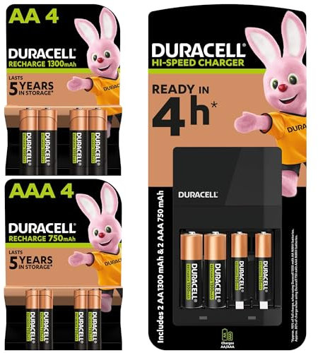 Duracell 4 hours Battery Charger with Rechargeable AA and AAA Batteries (Pack of 6 + 6), 1300mAh NiMH, 750mAh NiMH, pre-charged, Longest Lasting Power