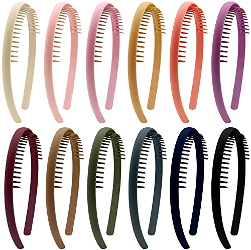 Duufin 12 Stück Haarreif mit Kamm, Zähne Kamm Stirnbänder Kunststoff Haarreifen Stirnband Kopfband mit Zähnen für Damen Mädchen, 12 Farbe