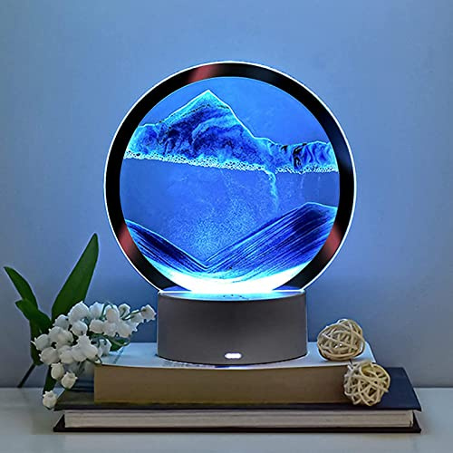 rysnwsu rörlig sandkonst bild runt glas 3D djupt hav sandlandskap i rörelse display flödande sandram, barns stora skrivbordskonstleksaker, hem- och kontorsskrivbordsdekorationer (blå, knappkrotrol)