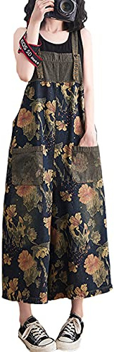 VIEWON Women's Loose Adjustable Straps Print Baggy Denim Overalls Casual Bib Jeans Wide Leg Jumpsuit Rompers Pants (Dark Blue,M)