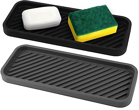 MXTIMWAN Organiseur d'Évier en Silicone - 2 Packs Tapis d'Égouttage 22.8 cm x 9 cm - Support de Cuisine Pour Rangement Éponges, Produit Vaisselle, Savon