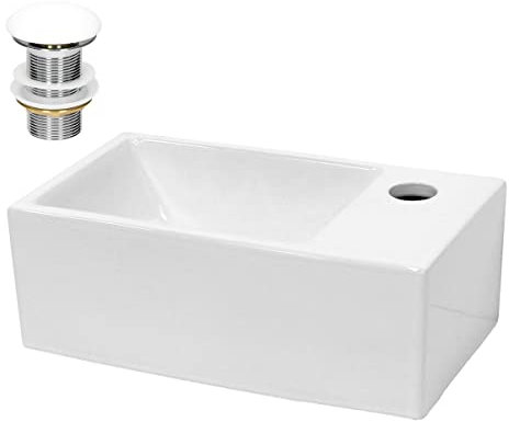 ECD Germany Waschbecken Waschtisch Keramik Weiß 350x205x125 mm Eckig, inkl. Ablaufgarnitur, Hahnloch rechts, Aufsatzbecken Aufsatzwaschbecken Handwaschbecken Aufsatzwaschtisch Waschschale Waschplatz