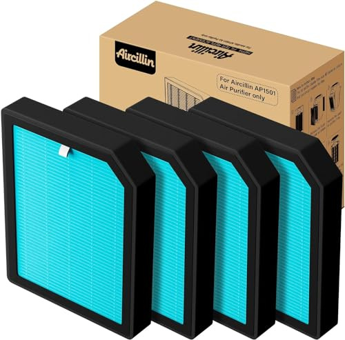 Aircillin 4-Pack H13 Filtro HEPA de Repuesto, Filtro de Carbón Activado de Alta Eficiencia, Apto para el Purificador de Aire AP1501, Elimina Polen, Polvo, Caspa de Mascotas y Otros Alérgenos
