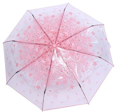 Plastic Transparent Folding Light Purple Cherry Flower Blossom Umbrella, Travel Clear Floral Rain Umbrella Outdoor Fashionable Windproof for Adult Kids Girls Princess Women (Pink)