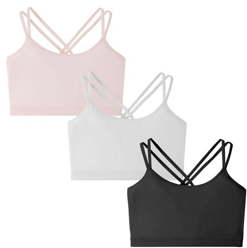 SEAUR 3 Pezzi Reggiseno Ragazza Reggiseno a Gilet Sportivo per Bambina Crop Top con Spaghetti Incrociati sulla Schiena e Imbottiture Fisse Colore 1 M