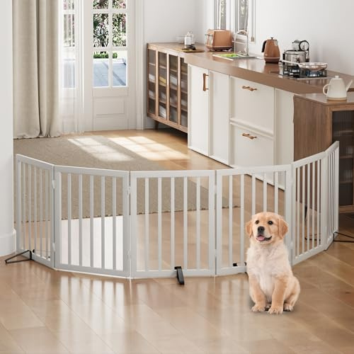 Dog Gates for Doorways, Foldable Dog Gate Indoor, Freestanding Pet Gates for Doorways Bedroom, Puppy Gate with Metal Support Feet, Room Divider 6 Panels (White)