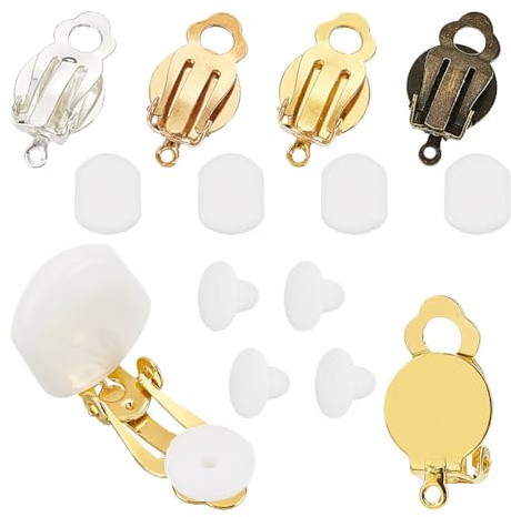 GOMAKERER 120 piezas de clip de oreja 4 colores, componentes para pendientes de hierro sin agujero, clips redondos con parte trasera plana y almohadillas de silicona