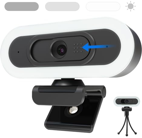 W4LS Webcam HD 2K/1080P mit Ring-Beleuchtung, Autofokus, Klarer Stereo-Mikrofone, Lichtkorrektur, Plug&Play, 65°Ansicht, USB PC Webcam für Living Streaming, Videoanruf, Konferenz, Spiel
