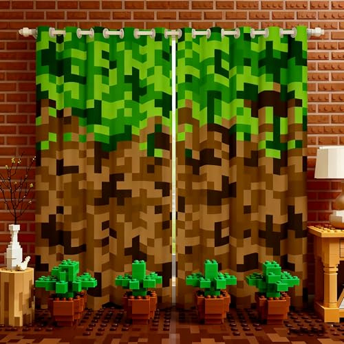 Miner Style Square Grid Window Curtain,Brown Green Army Camo Curtains for Kids Boys Teens Men Room Decor,Cartoon Gamepad Modern Window Treatment Curtain Pixelated Games Window Drapes,52Wx63L