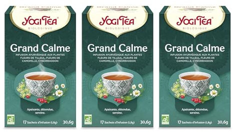 Yogi Tea - Ruhe, Ayurvedischer Bio Gewürz- und Kräutertee, von Natur aus koffeinfrei, Mischung aus Lindenblüten, Kamillenblüten und Hagebutte, Yogi Tee 3er Pack, 3x17 Beutel (51 Teebeutel insgesamt)